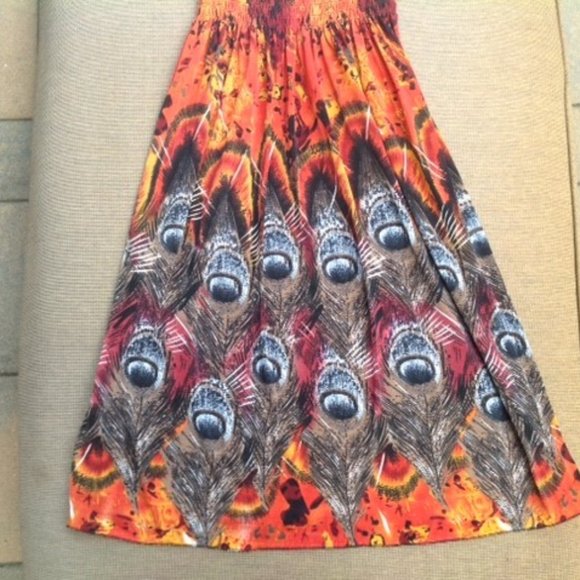 NWT LACE ORANGE PEACOCK FEATHER PRINT DRESS SUNDRESS M - Picture 4 of 7
